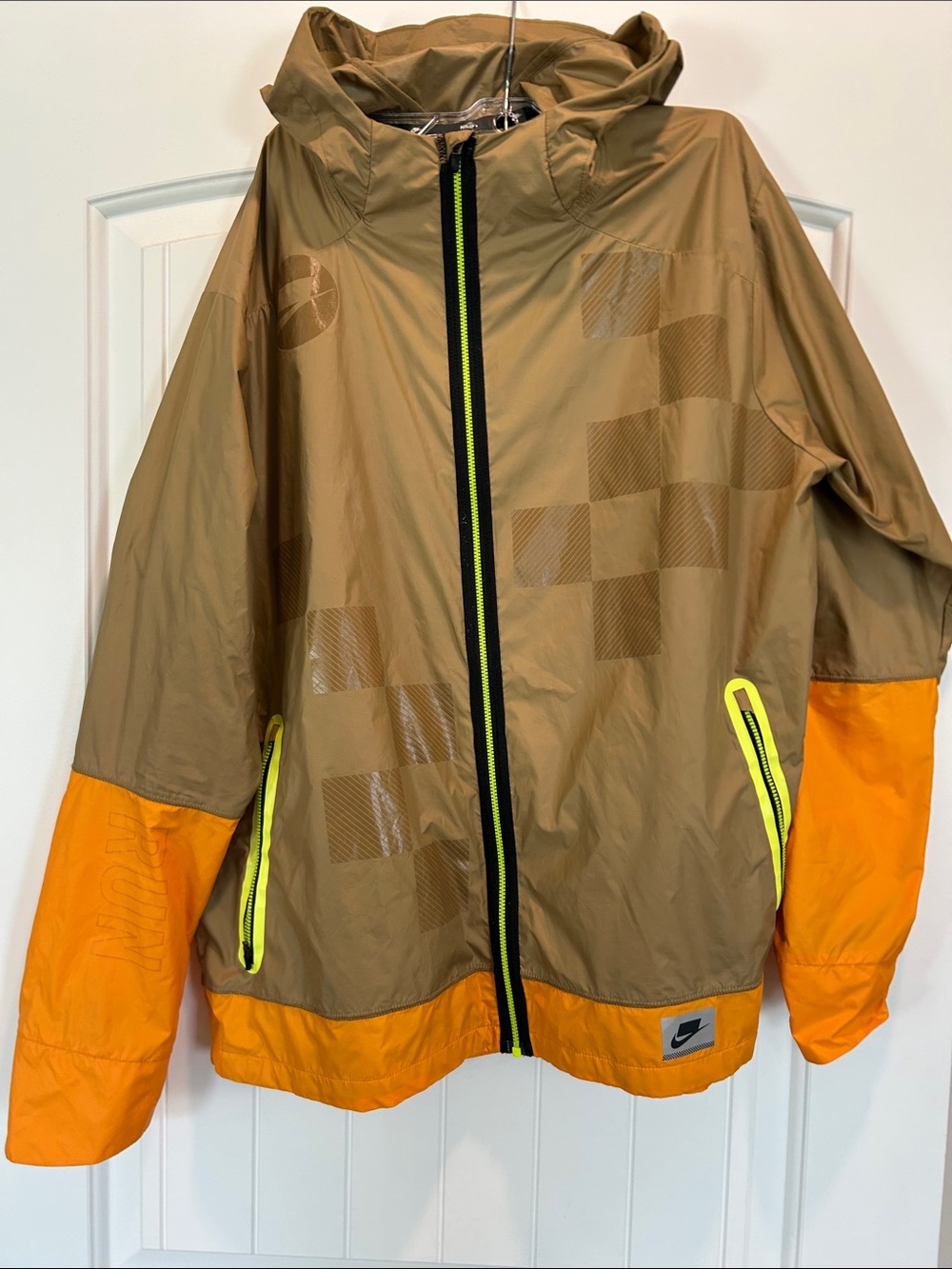 Nike Running Tan and Orange Hooded Windbreaker Jacket with Neon Zip Accents